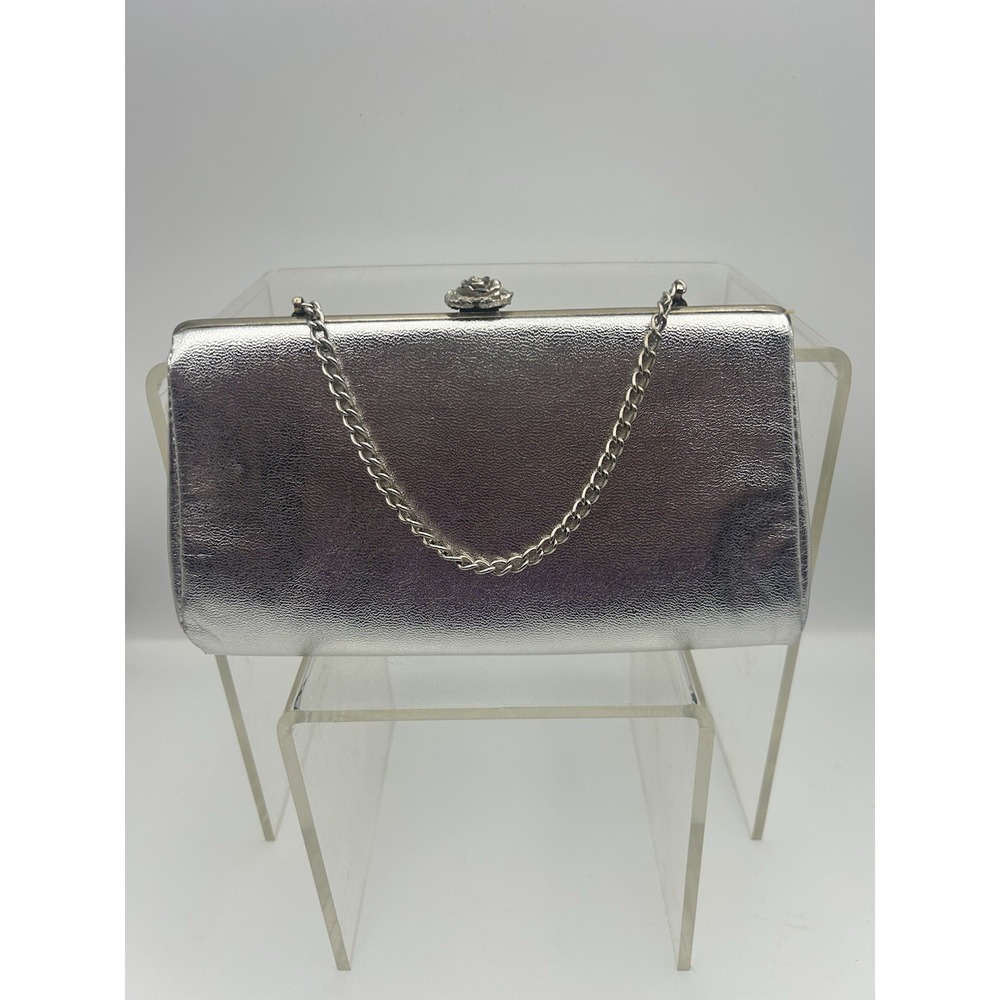 Silver Metallic Chain Rose Clasp Clutch Shoulder Strap Women's